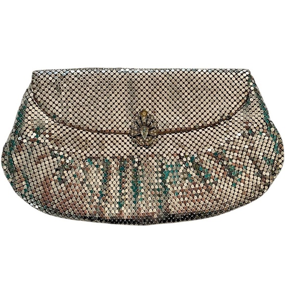 Whiting & Davis Co. Vintage Silver Mesh Evening Bag Clutch Rhinestone Closure - Picture 1 of 16